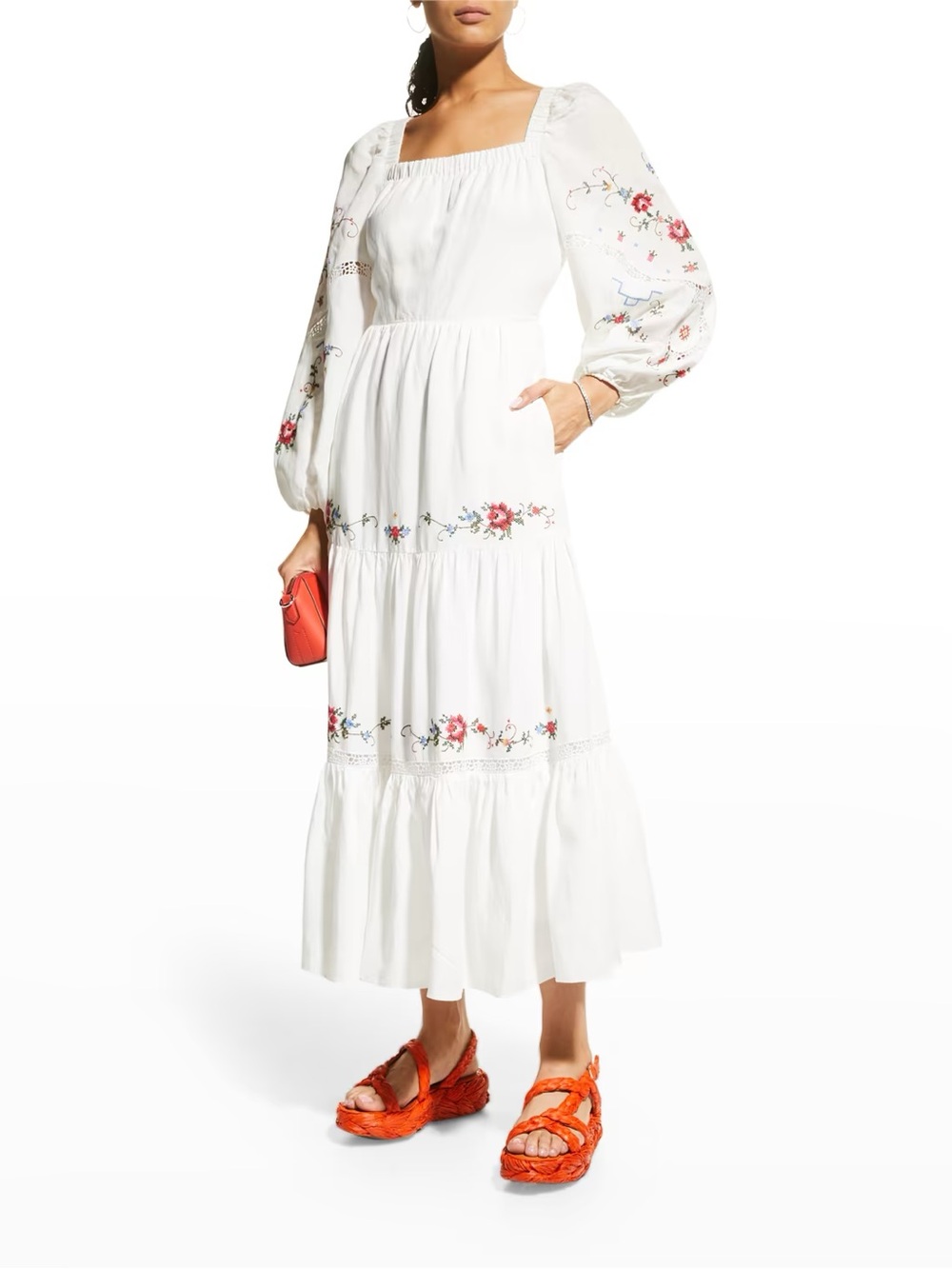 Kobo Halperin XXL Boho Tiered Floral Embroidered Peasant Dress Designer Luxury